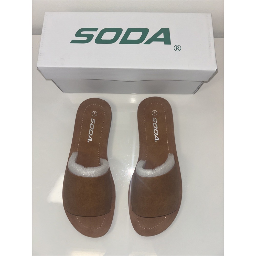 Soda Brown Tan Women's Slide Sandals Open Toe Flat Slip On Shoes Size 7 NEW Box